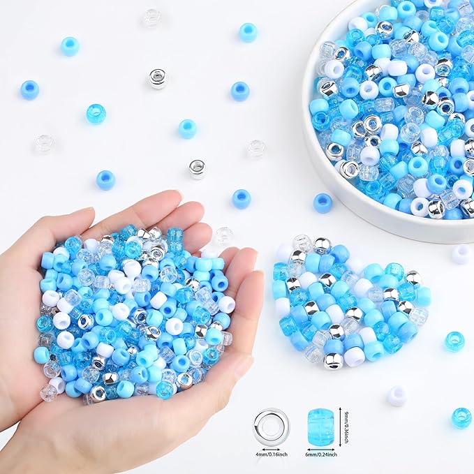 1000Pc Boxed Blue Pony Beads, Blue and White Hair Beads, 9 MM Plastic Craft Bead with Large Hole for Jewelry Making, Bracelets, Necklaces, Hair Braiding and DIY Crafts