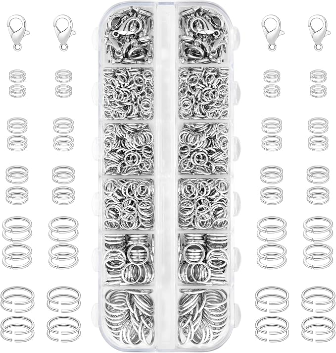 1200pcs Jump Rings for Jewelry Making Supplies, Necklace Repair Assorted Kit, 12mm Lobster Clasp 5 Size Jump Ring for Jewelry Clasps and Closures (Silver)