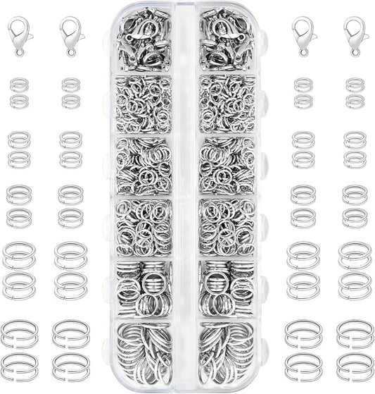 1200pcs Jump Rings for Jewelry Making Supplies, Necklace Repair Assorted Kit, 12mm Lobster Clasp 5 Size Jump Ring for Jewelry Clasps and Closures (Silver)