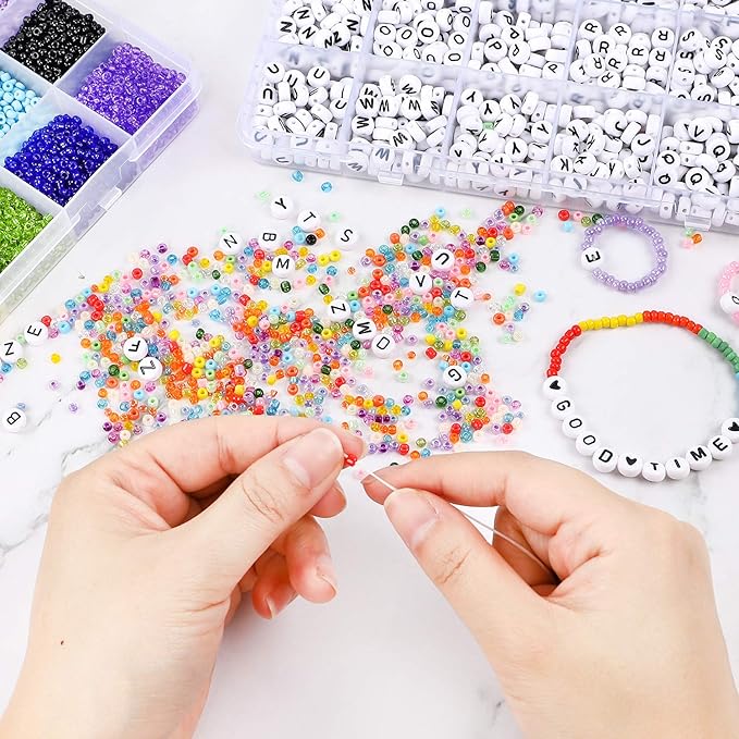 DICOBD Bracelet Making Kit, 12000pcs 3mm 24 Color Glass Seed Beads Kit, Friendship Bracelet Kit with Black Letters, DIY Jewelry Making Supplies for Kids, Girls, Beginners, Birthday Gift