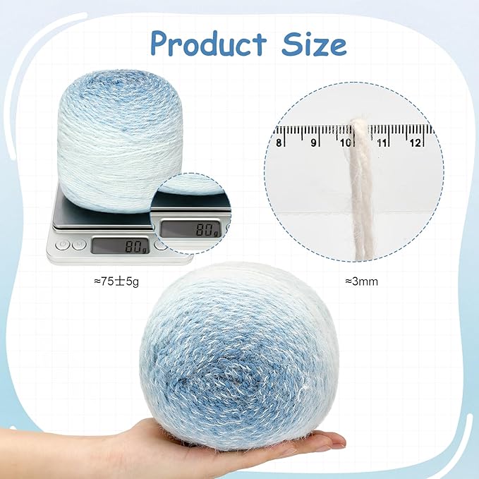 3 Pack Ombre Yarn for Crocheting, 80g/2.65oz Fluffy Soft Acrylic Gradient Yarn Cakes, #4mm Hook, Large Cloud Feel Yarn for Beginner Knitting, Star Blanket, Scarf, Shawl Garment DIY Crafts (Blue)