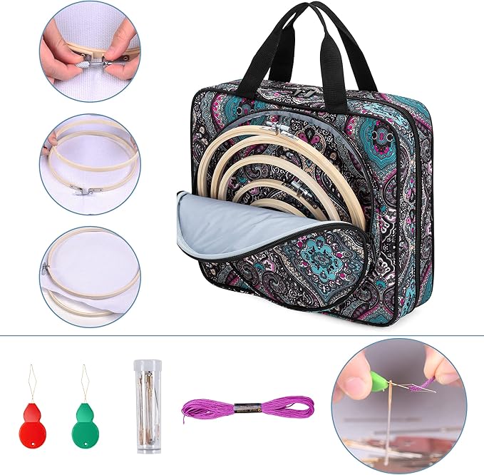 LoDrid Embroidery Kit, Embroidery Project Bag with Embroidery Kit, Portable Craft Carry Case with Starter Kit, Embroidery Supplies Storage Bag and Cross Stitch Kits for Beginners, Adults, Totem