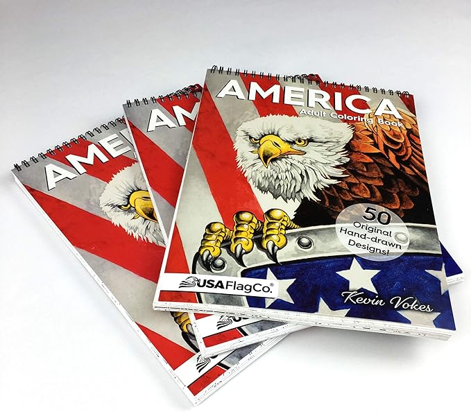 America Adult Coloring Book - 50 Hand Drawn American Designs Printed on Artist Paper, Thick Covers, Top Spiral Bound, Perforated Pages, and Blotter Page by USA Flag Co.