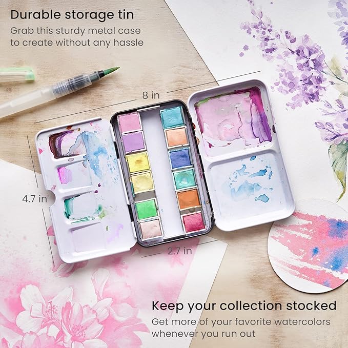 ARTEZA Watercolor Paint Set, 12 Pastel Tones Half Pans, Portable Travel Watercolor Set with Water Brush Pen, Metal Tin, and Swatch Sheets for Washes, Blending, and Watercolor Techniques