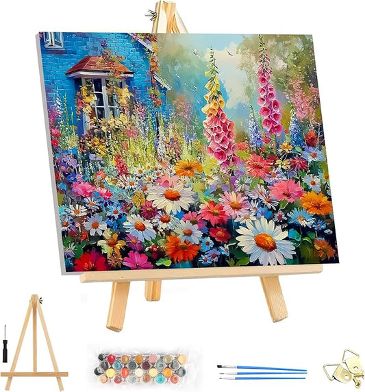 EOBROMD Framed Paint by Numbers Kits for Adults - Wooden Easel, Flowers DIY Acrylic Paint by Number on Stretched Canvas, Painting Kits Adults Oil by Numbers for Home Decor 14x10 Inch