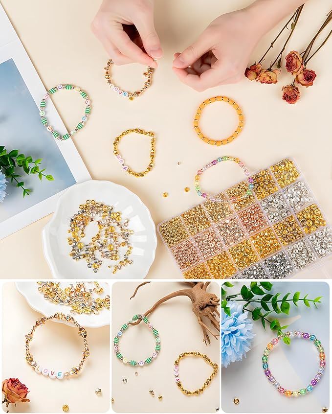 Goldwise Spacer Beads for Jewelry Making, 1280pcs Assorted Round Star Rondelle Heart Gold and Silver Beads for Bracelet Jewelry Making & DIY Crafts