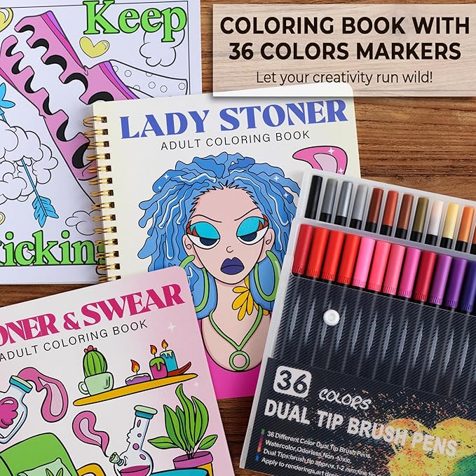 Stoner Coloring Book for Adults Relaxation - 2 pcs Cozy Weed Girl Moments Coloring Book for Women with Markers - Funny Stress Relief Self Care Gifts - Get Well Gifts After Cancer Surgery