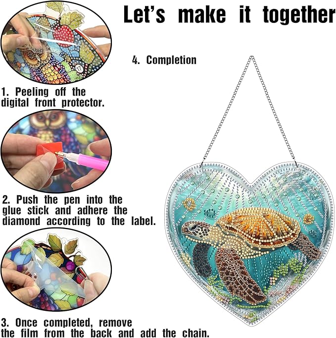 LOMSIOY Diamond Art Hanging Kit for Adult, Turtle Front Door Sign Window Decor for Outdoor, Animal Double Sided Summer Decor Suncatcers for Porch, Hanging Pendants for Garden Wall （8x8 Inch
