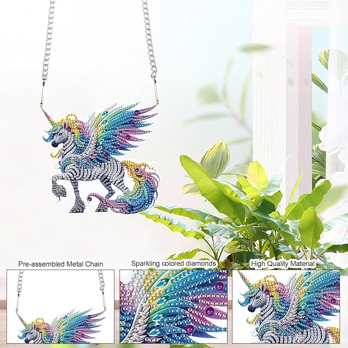 AiYuanzsh Unicorn Horse Diamond Painting Hanging Kit, 5D Special Shaped Rhinestones Acrylic Suncatcher DIY Diamond Art Kit for Adults, Rainbow Wings Ornament for Wall, Window, or Garden Decor