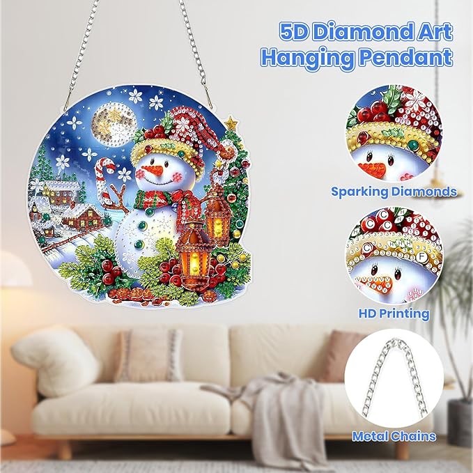 MOGTAA Christmas Diamond Art Hanging Kits for Adults Kids, Christmas Snowman Diamond Art Suncatchers, 5D Special Shape Landscape Diamond Painting Window Pendant Kit for Home Garden Wall Decor