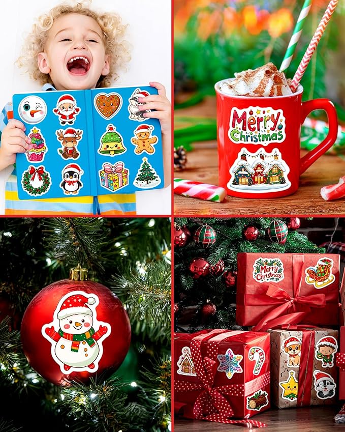 100pcs christmas stickers, non-repeating vinyl waterproof holiday stickers, christmas party favors, stocking stuffers for kids toddlers teens boys girls, activities, gifts, toys, goodie bag stuffers
