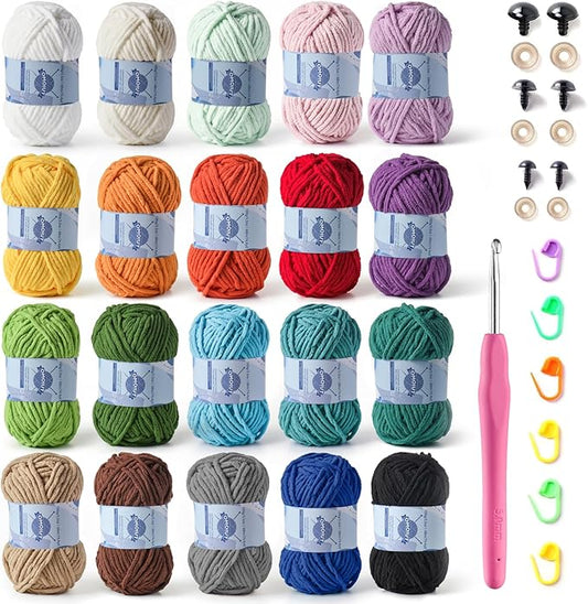 20 Pack Fluff Chenille Chunky Yarn for Crocheting Premier Puzzle - Velvet Baby Crochet Yarn with Black White Purple Pink Blue Coffee Red Khaki Yellow Amigurumi Set A