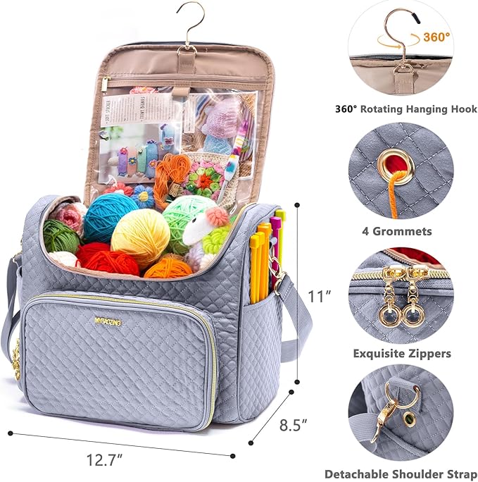 Crochet Bag Organizer, Quilted Storage Bag with Hanging Hook, Yarn Holder for Knitting & Crochet Accessories, Mother's Day Gift