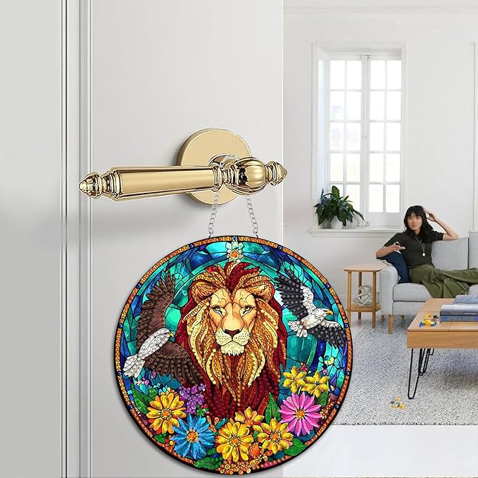 Zariocy Hanging Diamond Art Ornament Lion Kits for Adults – Special Crystal Double Sided Pendant, DIY Animal Diamond Painting Acrylic Board Window Pendants Home Garden Wall Hanging Decor 8x8 inch