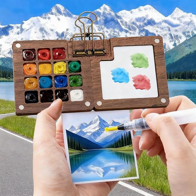 Walnut Wood Mini Watercolor Paint Set-24 Color Pocket Watercolor Set with Brush, Sketchbook and Towel, Complete Portable Watercolor Kit for Artists, Beginners, Students and Urban Sketching (15 Grids)