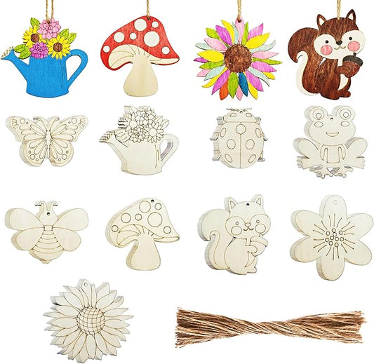 45 Pcs Wooden Spring Ornaments to Paint, DIY Unfinished Wood Slices Flower Cutouts Butterfly Ornament for Art Crafts with 9 Styles, DIY Wooden Ornaments Hanging Decorations Kit