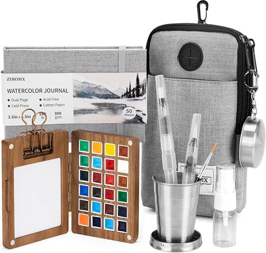 Mini Watercolor Paint Set, 24 Colors Mini Watercolor Travel Set, Pocket Travel Paint Kit with Watercolor Palette, Crossbody Bag, Watercolor Journal, Metal Clip, Water Cup, Spray Bottle, Water Brushes