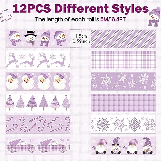 Purple Christmas Washi Tape - 12 Rolls Elegant Santa Reindeer Snowflake Watercolor Double Sided Scrapbook Masking Washi Tape School Office Adhesive Glue Scrapbooking Supplies Gift Wrapping