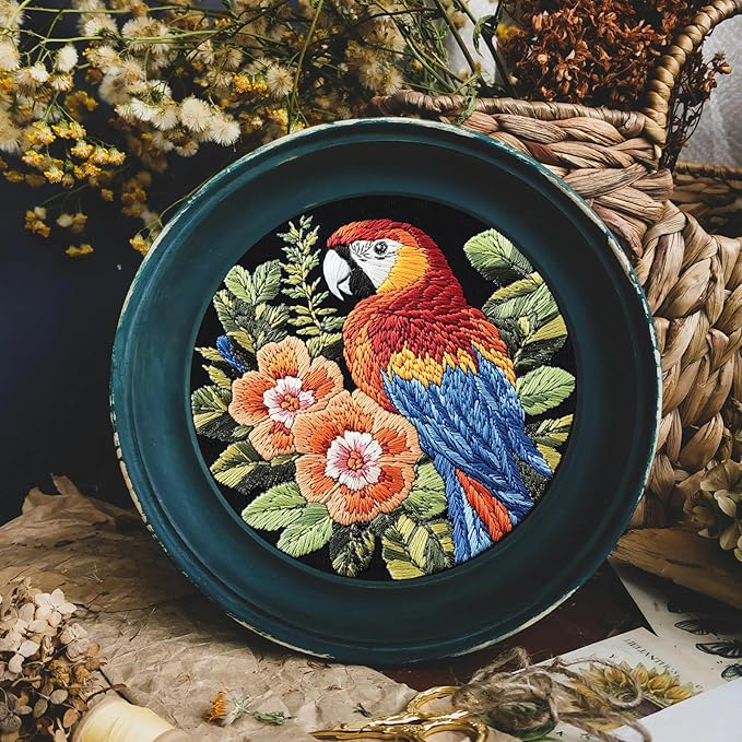 fonnuy embroidery kit for beginners, birds with flowers pre-stamped pattern kits for adults with hoop, easy to follow color thread needlework, 8'' hoop (red parrot)