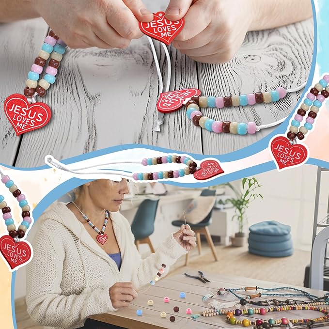 Ferreve 24 Sets Easter Boho Religious Beaded Necklace Crafts Kit DIY Jesus Loves Me Heart Bead Craft Bible Christian Necklace Making Kit Bulk for Easter Sunday School Vbs Gifts