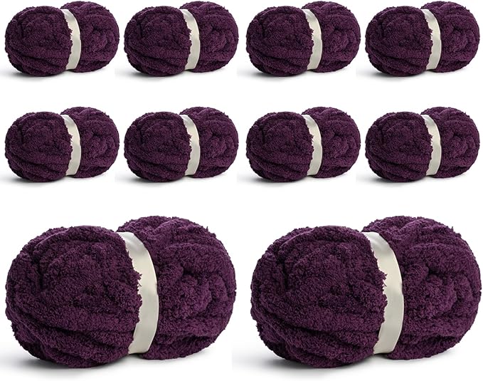10 Pack Jumbo Chenille Yarn for Crocheting, #10 Super Bulky Baby Soft Yarn for Hand Knitting, 220 yds /70.5 oz Fluffy Chunky Knit Throw Blanket Yarn (Deep Purple)