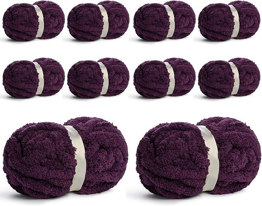 10 Pack Jumbo Chenille Yarn for Crocheting, #10 Super Bulky Baby Soft Yarn for Hand Knitting, 220 yds /70.5 oz Fluffy Chunky Knit Throw Blanket Yarn (Deep Purple)