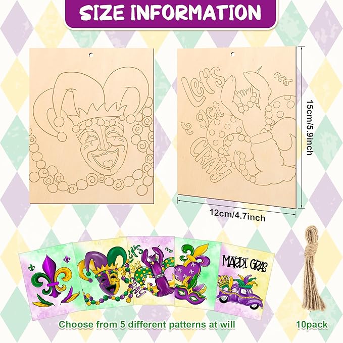 COCHIE 10 Pieces Large Mardi Gras Unfinished Wood Crafts to Paint for Adults, Bulk Predrilled Wooden Ornaments for Painting, Butterflies Paintable Wood Slices Craft Supplies with Ropes