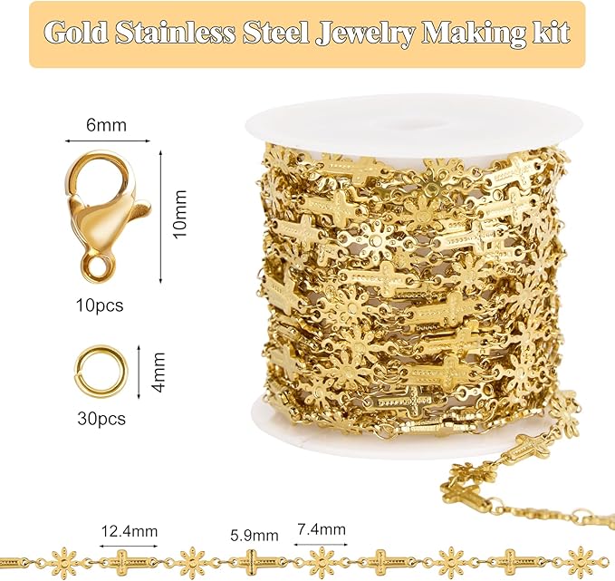 GTVOODX 18k Gold PVD Bulk Chains for Jewelry Making 13 Feet Stainless Steel Cross Flower Link Chain Waterproof Hypoallergenic DIY Permanent Jewelry Making Supplies