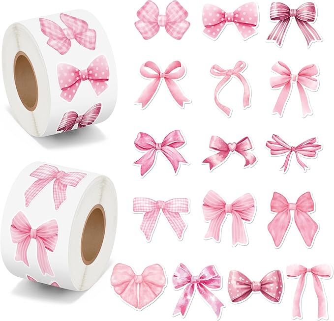beyumi pink bows sticker roll - 1000pcs coquette pink bows stickers in 2 rolls waterproof vinyl girly aesthetic decal for gift laptop bottle scrapbooking luggage computer envelope decor for kids