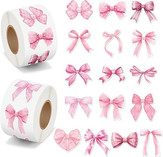 beyumi pink bows sticker roll - 1000pcs coquette pink bows stickers in 2 rolls waterproof vinyl girly aesthetic decal for gift laptop bottle scrapbooking luggage computer envelope decor for kids