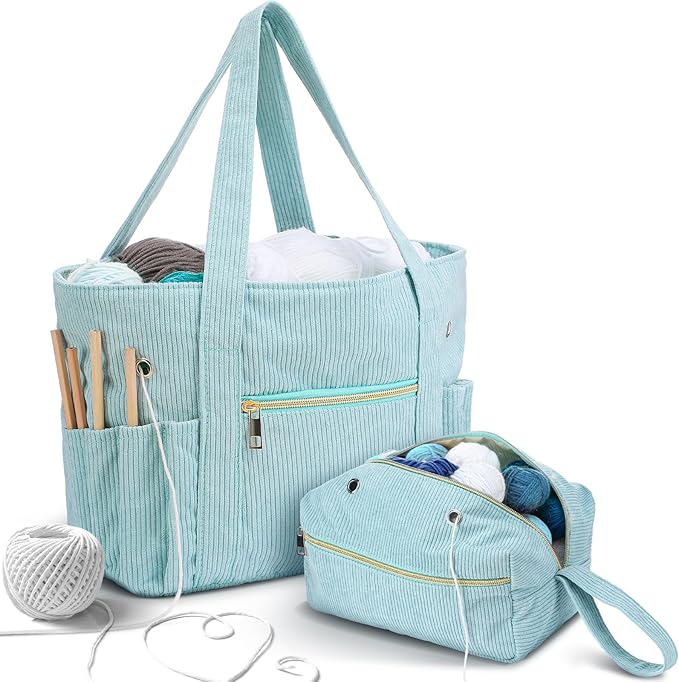 Bulyoou 2 Pcs Crochet Bag and Tote Set Corduroy Yarn Bag Crochet Tote Bag for Crochet Hooks Organizer Yarn Holder for Crochet Lovers Knitting Bag Crochet Accessories(Blue)