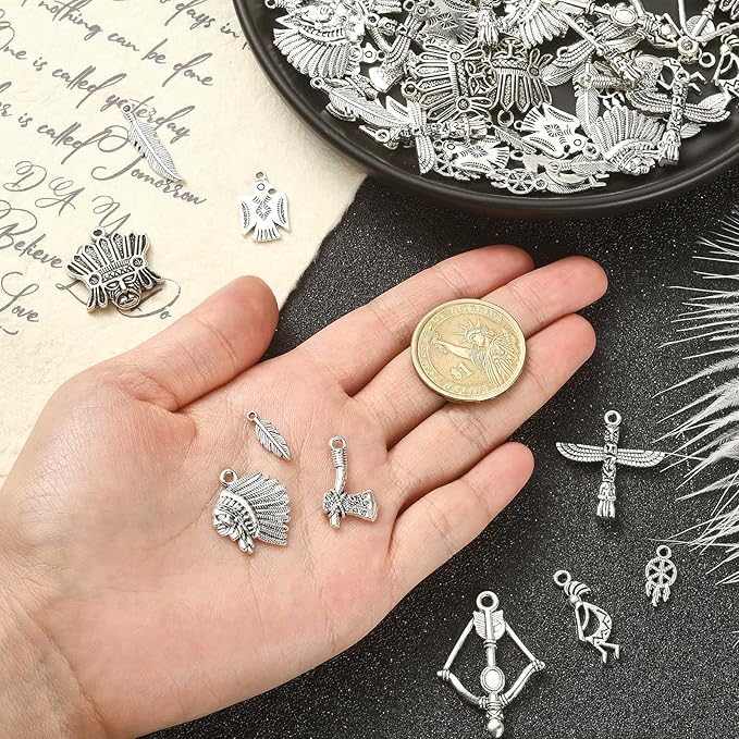 DanLingJewelry 100Pcs 10 Styles Indian Theme Charms - Indian Chief, Thunderbird, Axe, Feather for DIY Necklace & Bracelet Crafting