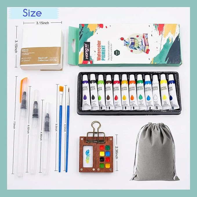 Mini Watercolor Paint Set, Travel Watercolor Set, Watercolor Kit, Pocket Artist Water Color Set with Paint, Brush, Storage Pouch, Sketchbook & Copper Clip for Beginners, Artists & Painting Enthusiasts