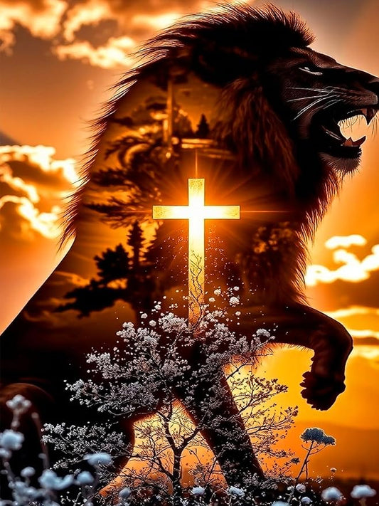 ijbnhd Diamond Art Kits for Adults - 5D Lion Cross Diamond Painting Kits for Beginners, DIY Lion Cross Gem Art Crafts Full Round Drill for Home Walls Decor 12X16Inch