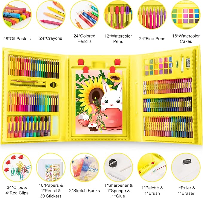 VigorFun Art Supplies, 240-Piece Drawing Art Kit, Gifts for Adult, Art Set Crafts Case with Double Sided Trifold Easel, Includes Sketch Pads, Oil Pastels, Crayons, Colored Pencils (Yellow)