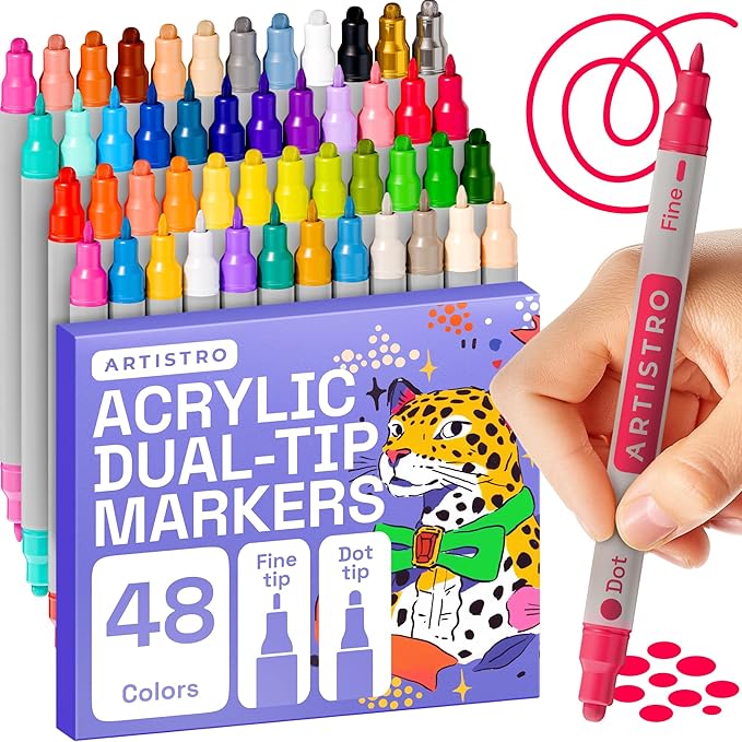 ARTISTRO 48 Acrylic Paint Markers for Rock, Fabric, Wood, Glass, Eggs - Dual-Tip Paint Pens for Coloring Books for Adults, Teens, Kids - Art & Craft Supplies - Gift Idea - Easter Basket Stuffers