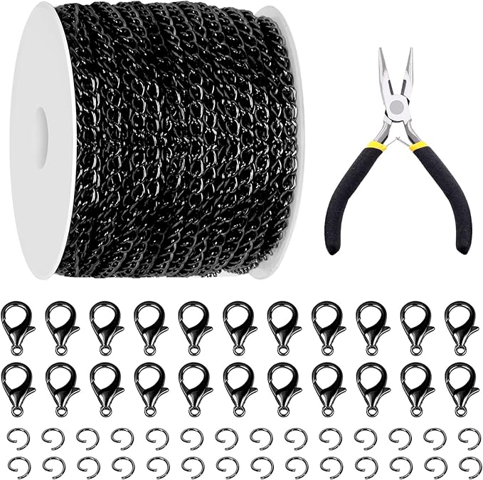 Glarks 102Pcs 30 Feet Jewelry Chains Set Black Cable Link Chains Link Rolls Bulk Twisted Links Chain Necklace Jewelry Making Chains with Lobster Clasps and Jump Rings for Necklace Jewelry Making