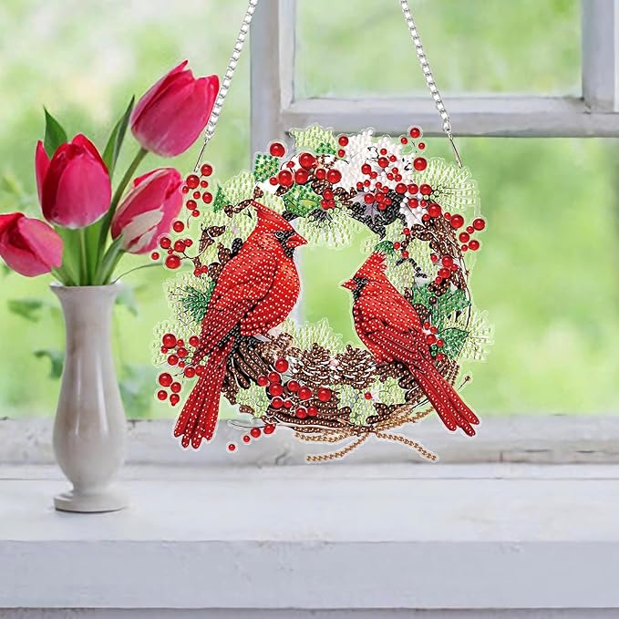 Auremi Cardinal Diamond Art Hanging Kit for Adult, Special Shaped Rhinestone, DIY Acrylic 5D Christmas Diamond Painting Window Pendants Signs, Home Garden Wall Hanging Ornament