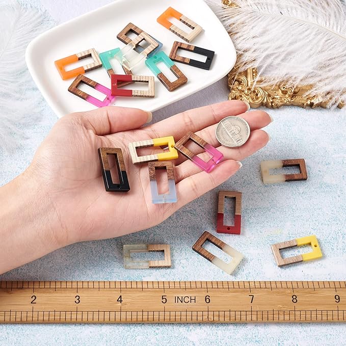 Beadthoven 22pcs/11 Pairs Natural Wood Resin Charms Hollow Rectangle DIY Earrings Pendants Mixed Colors Rectangle Frame Wooden Pieces Pendants for Statement Jewelry Making Findings