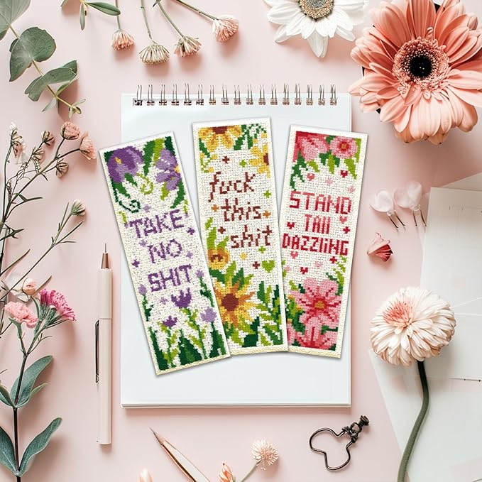 ORIGACH 6 Pcs Cross Stitch Bookmark Kit for Beginner Flowers Sayings DIY Stamped Embroidery Bookmark Kit for Starter Printed Cross Stitch Kits with Instruction for Book Lovers