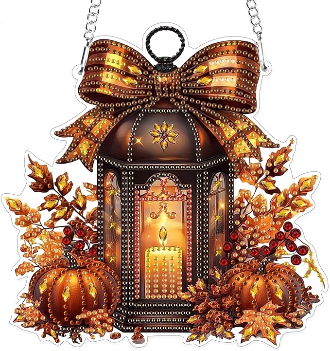 MOGTAA Fall Pumpkin Diamond Art Hanging Pendant Kits, Halloween Diamond Art Kits for Adults, 5D Special Shape Diamond Painting Candle Gem Art for Home Garden Wall Decor