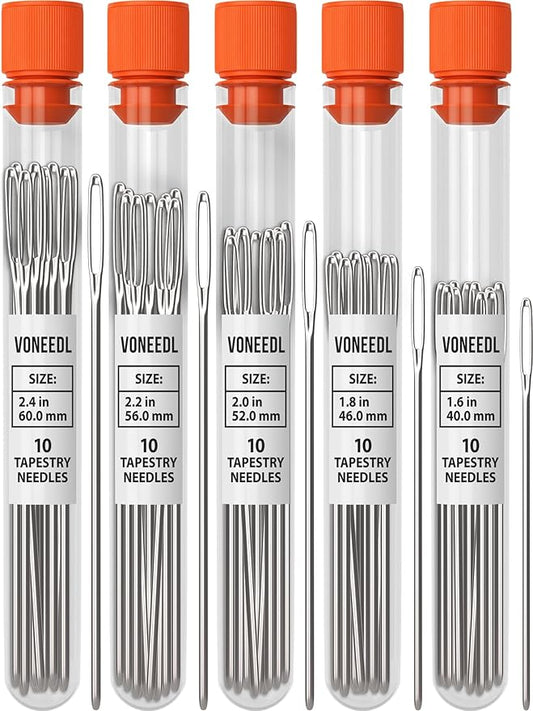 VONEEDL Large Eye Blunt Tapestry Needles (Pack of 50) - 5 Sizes with 5 Storage Tubes - Perfect for Darning, Embroidery, Cross-Stitching, Needlepoint, Crafting, Knitting, Weaving, and DIY