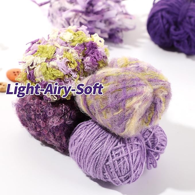 Hand Spun Art Yarn Kit - 6 Skeins 525 -Yard Vintage Style Blended Fibers with Wood Buttons & Crochet Hook for Knitting, Crochet, Textile Decorative, Tassels, Jewelry Making, Fiber Crafts (Violet)