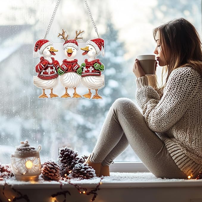 GHHKUD Hanging Diamond Art Christmas Ducks Pendants Kits, DIY Hanging Decoration Double Sided Animals Diamond Pinting Ornaments for Adults Kids Gifts for Home Decor