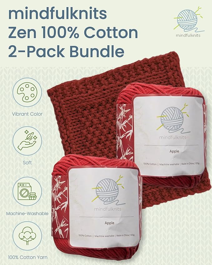 Knitting Yarn, Crochet Yarn, Mindfulness and Relaxation 100 Percent Cotton Yarn, Single Color 2-Pack - Medium Number 4 Worsted Bundle, Soft & Gentle for Garments, Amigurumi, Baby Items by mindfulknits