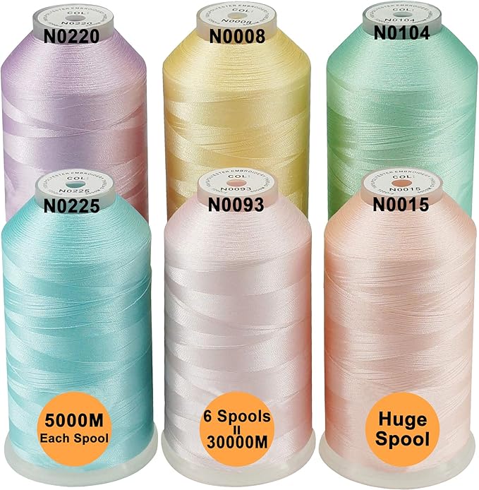 New brothreads - 40 Options- Various Assorted Color Packs of Polyester Embroidery Machine Thread Huge Spool 5000M for All Embroidery Machines -6xPastel Colors 2