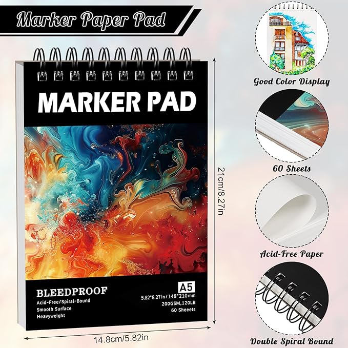 60 Sheets Marker Paper Pad, A5(5.8"x8.3") Alcohol Marker Paper Sketch Pad, 120lb/200gsm Heavyweight Spiral Sketch Book, Painting Coloring Drawing Paper for Kids Beginners Artists