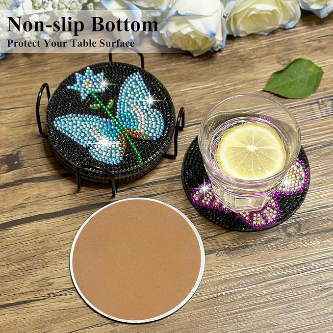 Vcekract Diamond Painting Coasters, 6 Pcs Butterfly Diamond Painting Coasters with Holder, Diamond Art Kits for Adults