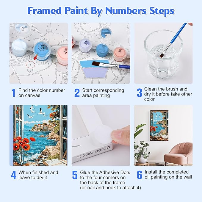 GHHKUD Landscape Paint by Numbers Kits with Frame for Adults Beginners, DIY Seaside Paint by Numbers for Kids, Painting Art on Canvas Gifts Home Wall Decor 20x30cm