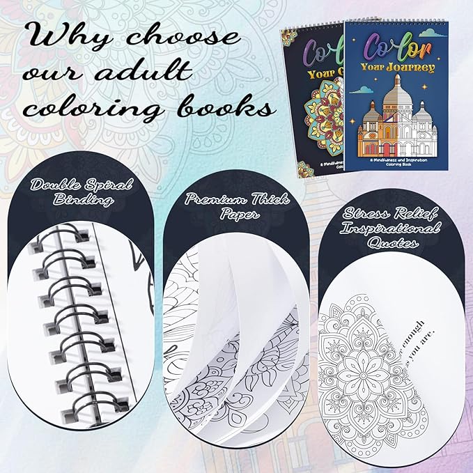 8.3×11.7in Adult Mandala Coloring Book Set for Relaxation, 2 Pack Spiral Bound Coloring Books for Women with 36 Colors Markers, Mindfulness Stress Relief 40 Patterns for Adults, Teens, Ideal Gift